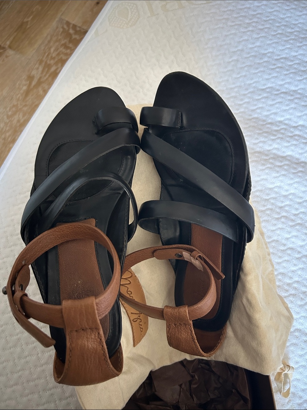 BCBGMaxAzria Black and Brown Leather Strappy Ankle Sandals